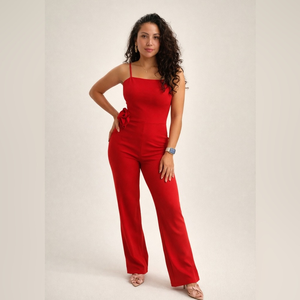 Elegant Red Jumpsuit with Floral Detail